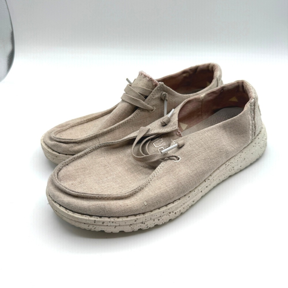 Hey Dude Wendy Shoes Women 7 Tan Linen Slip On Moccasin Loafer Casual Comfort